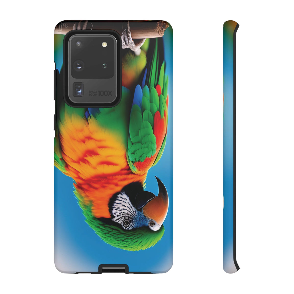 Colorful parrot with a green and red feather on its head Tough Phone Cases