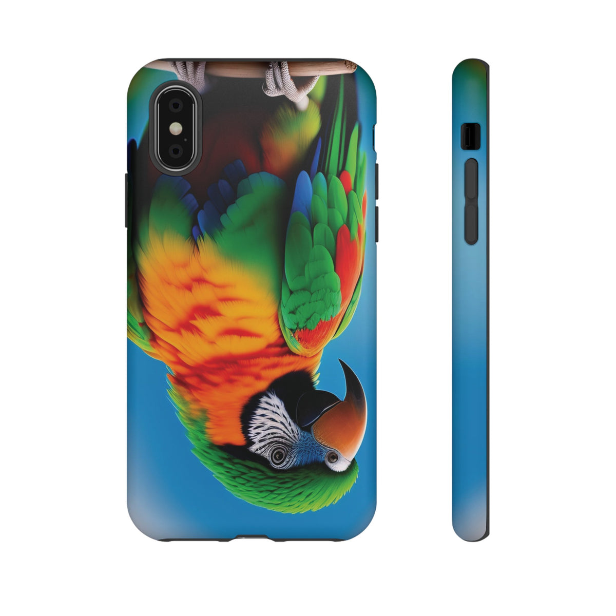 Colorful parrot with a green and red feather on its head Tough Phone Cases