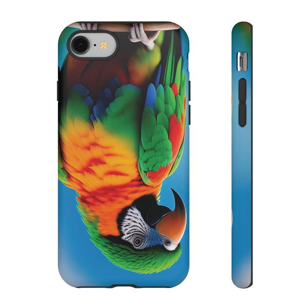 Colorful parrot with a green and red feather on its head Tough Phone Cases